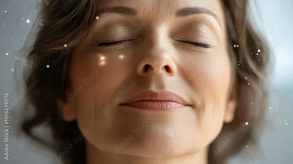 Serene Woman Enjoying Peaceful Moment with Glowing Sparkles Serene Woman Enjoying Peaceful Moment with Glowing Sparkles