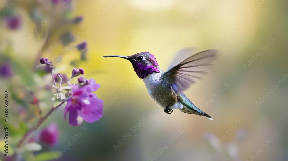 Fototapeta premium Hummingbird in Flight with Purple Flowers