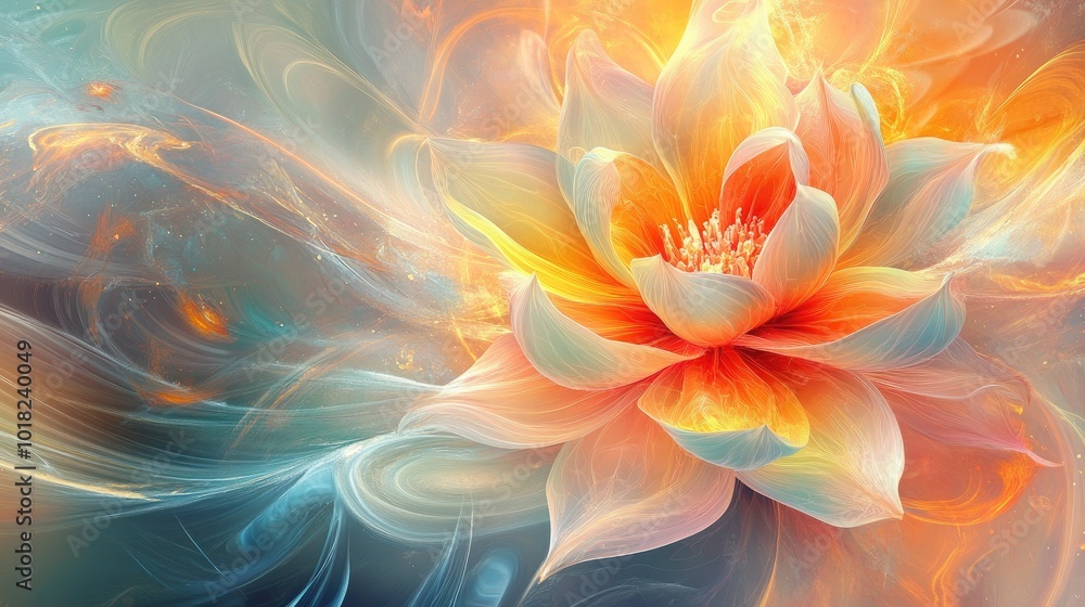 A beautiful 3D blooming flower with multi-layered petals, surrounded by a dynamic, abstract background of swirling light and colors A beautiful 3D blooming flower with multi-layered petals, surrounded by a dynamic, abstract background of swirling light and colors