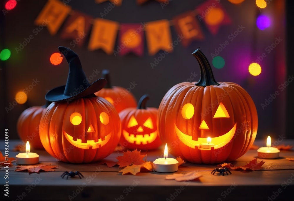 cozy Halloween scene featuring a wooden table adorned with carved pumpkins each with cheer cozy Halloween scene featuring a wooden table adorned with carved pumpkins each with cheer