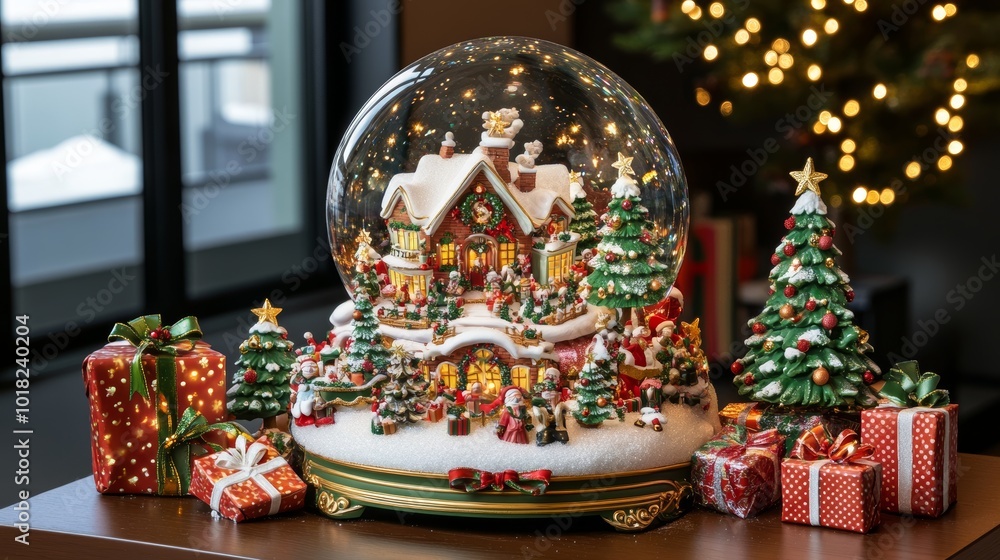 Naklejka premium Festive Christmas scene with red ornaments, candy canes, wrapped gifts, and a snow globe, placed next to a snow-covered Christmas tree. Soft, glowing bokeh lights fill the light background.