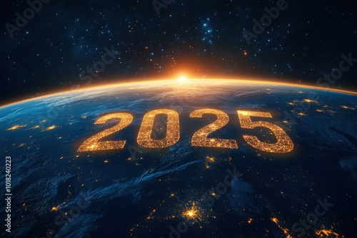 A beautiful, high-altitude view of the Earth from space. "2025" is written in glowing, golden numbers across the atmosphere, with stars and a faint sunrise emerging from the horizon. Concept: Global 