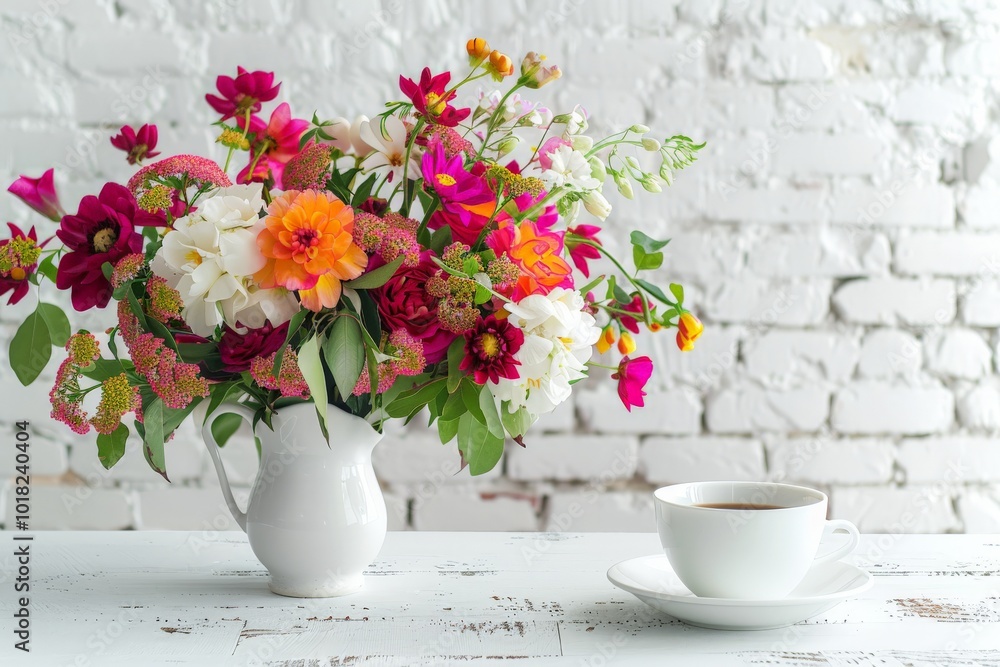 White Table with Flower Bouquet, Coffee Cup on White Brick Wall Background, Morning Greeting Card White Table with Flower Bouquet, Coffee Cup on White Brick Wall Background, Morning Greeting Card