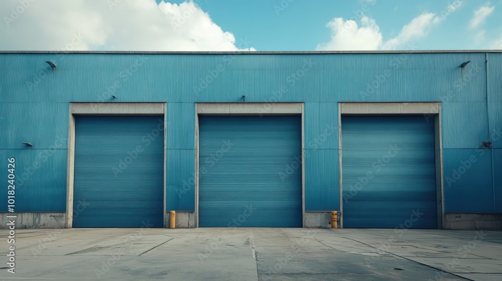 Fototapeta premium Blue warehouse with three big garage doors, standing tall under a bright sky in an industrial setting