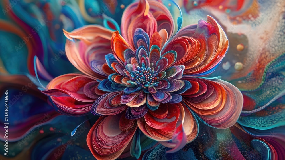 A detailed 3D blooming flower with multi-layered petals, radiating beauty against a dynamic, swirling background full of vibrant colors A detailed 3D blooming flower with multi-layered petals, radiating beauty against a dynamic, swirling background full of vibrant colors