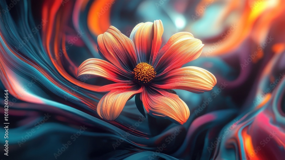 A detailed 3D blooming flower with multi-layered petals, radiating beauty against a dynamic, swirling background full of vibrant colors A detailed 3D blooming flower with multi-layered petals, radiating beauty against a dynamic, swirling background full of vibrant colors