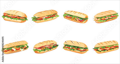 Delicious banh mi sandwich. Flavorful banh mi with fresh veggies. Tasty banh mi sandwich with fresh ingredients. Set of healthy banh mi sandwich vector illustration