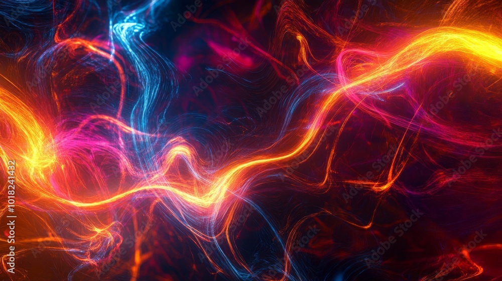 Fototapeta premium Abstract swirling neon light trails in shades of blue, orange, and red against a dark background.
