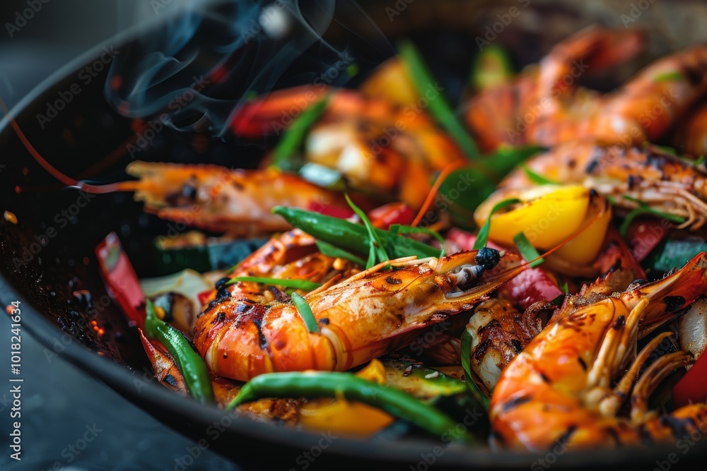 Wok with Grilled Vegetables, Tiger Shrimps or Prawns and Squid Rings Close Up, Fried Seafood Wok with Grilled Vegetables, Tiger Shrimps or Prawns and Squid Rings Close Up, Fried Seafood