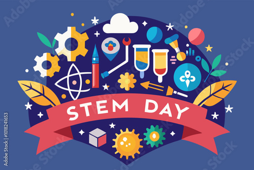 Celebrating national stem day with colorful science and technology icons