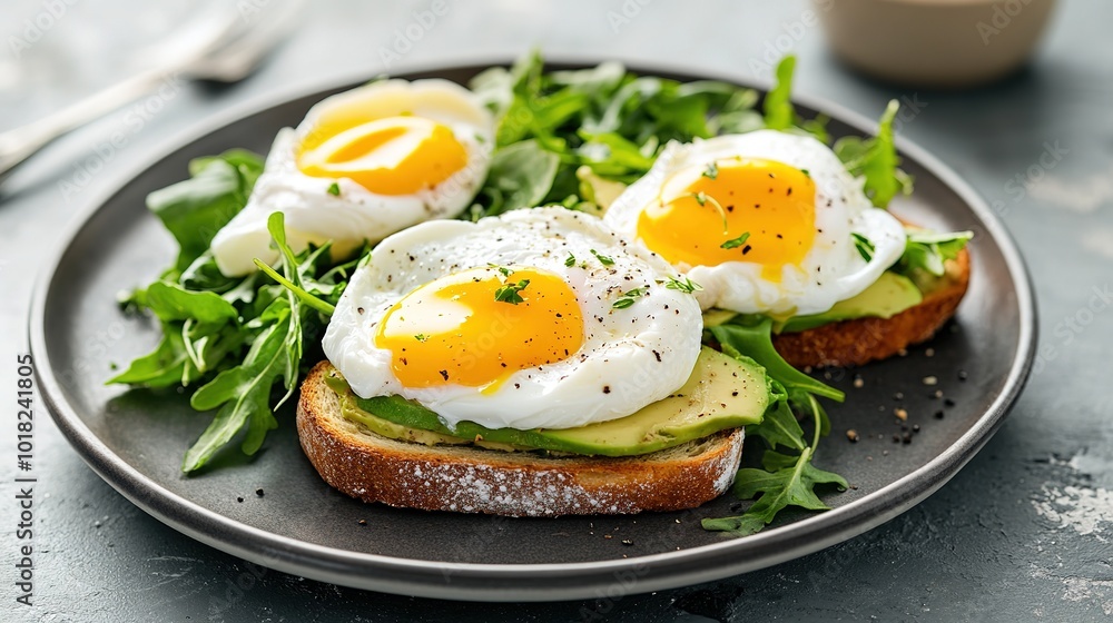 Delicious poached eggs served on avocado toast with fresh arugula on a stylish plate Delicious poached eggs served on avocado toast with fresh arugula on a stylish plate