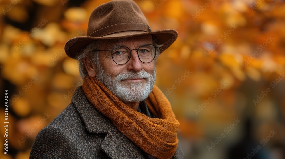 An elderly gentleman with a serene demeanor stands amidst golden Autumn foliage, wearing glasses and a stylish brown hat, embodying grace and reflection in nature. An elderly gentleman with a serene demeanor stands amidst golden Autumn foliage, wearing glasses and a stylish brown hat, embodying grace and reflection in nature.