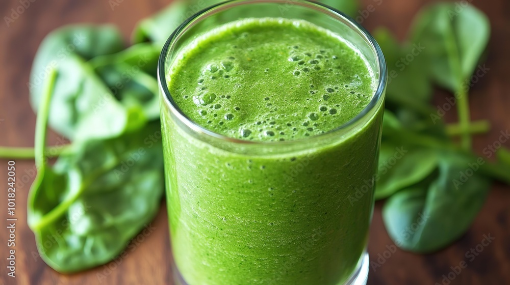 Fresh green smoothie made with spinach and other vegetables on a wooden surface surrounded by leafy greens Fresh green smoothie made with spinach and other vegetables on a wooden surface surrounded by leafy greens