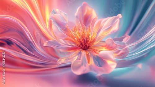 A vibrant 3D blooming flower with delicate petal details, set against a swirling dynamic background, showcasing abstract elegance