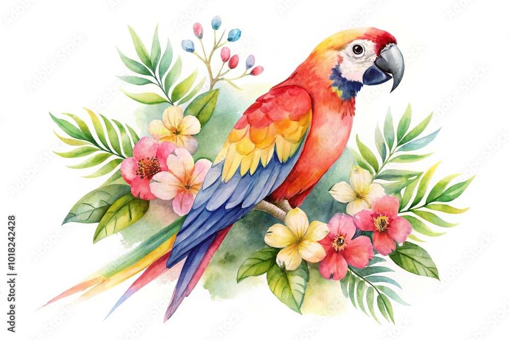 Fototapeta premium Minimalist watercolor parrot clipart with flowers on white background
