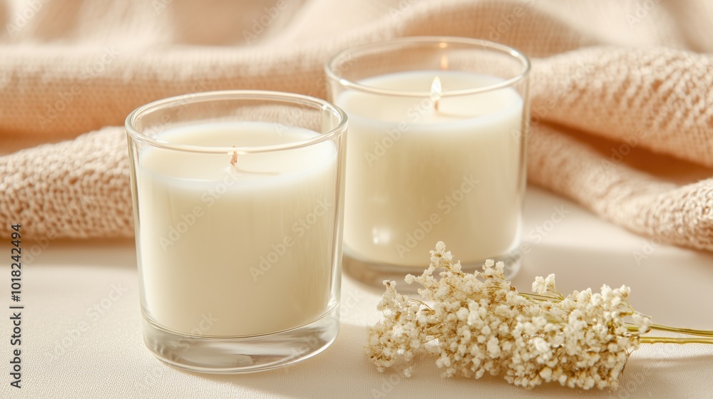 Relaxation and calm with scented candles on soft beige background for home decor Relaxation and calm with scented candles on soft beige background for home decor