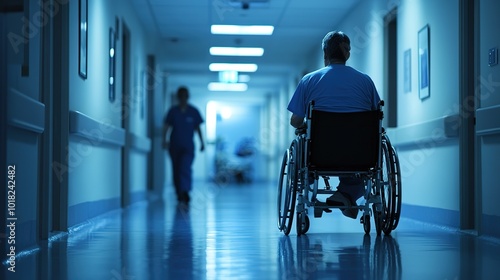 A person in a wheelchair is seen from behind, navigating a hospital corridor in soft lighting during late afternoon hours