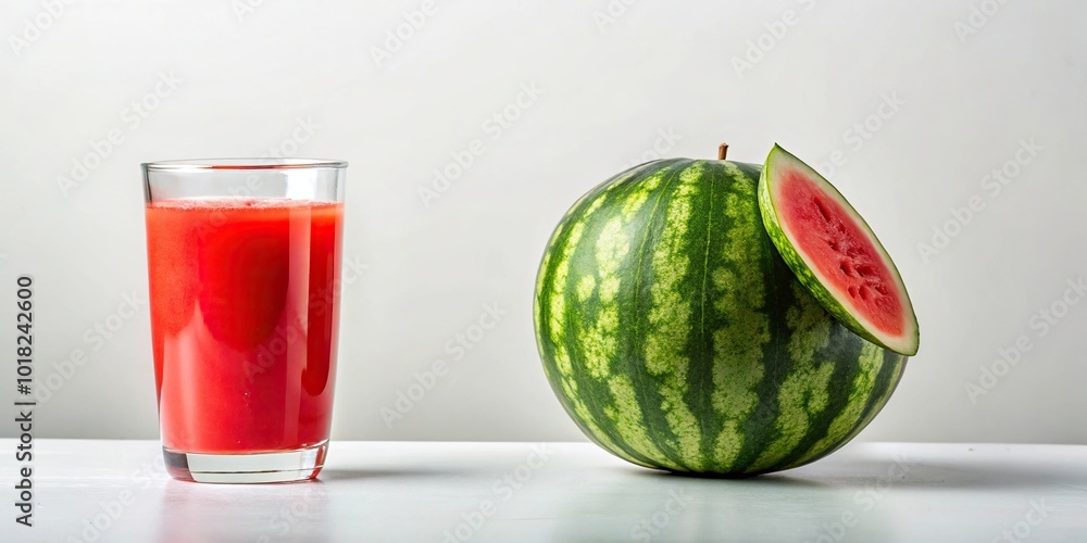 Minimalist watermelon and juice isolated on white background Minimalist watermelon and juice isolated on white background