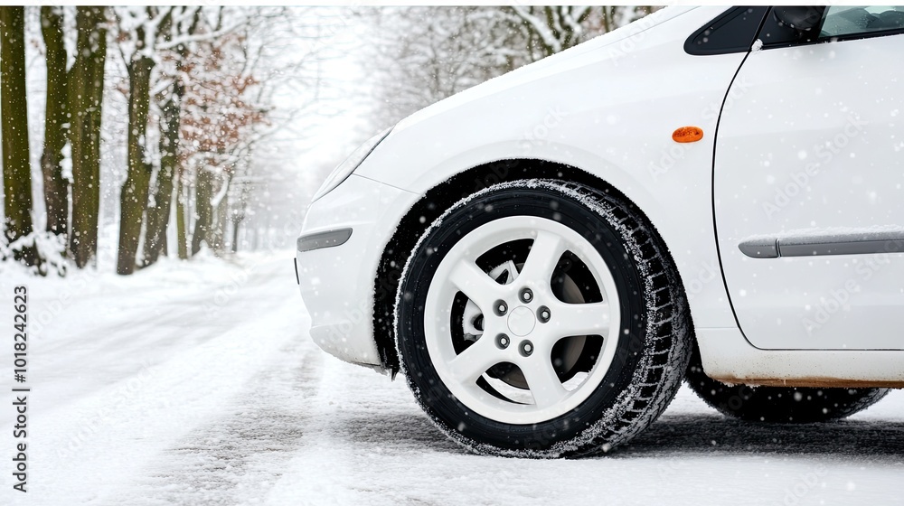 A car equipped with winter tires drives along a snow-covered road in a forest, heading toward a ski resort on a chilly winter day A car equipped with winter tires drives along a snow-covered road in a forest, heading toward a ski resort on a chilly winter day