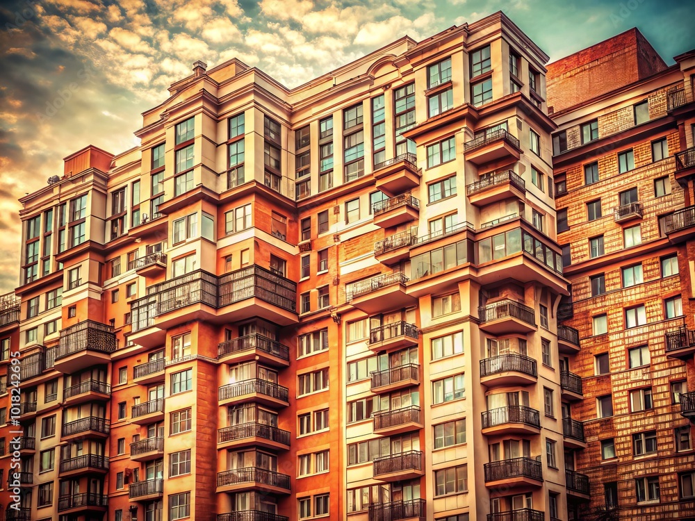 Fototapeta premium Vintage Style Closeup of Modern Highrise Residential Building Architecture