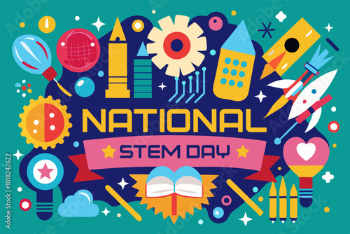 Colorful banner celebrating national stem day with science and technology symbols