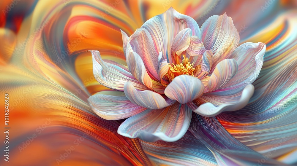 Fototapeta premium An intricate 3D abstract flower with soft, blooming petals, surrounded by a vibrant, dynamic background of swirling patterns and colors