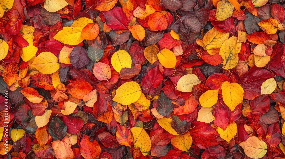 Bright autumn leaves in a dense pile, covering the forest floor with vibrant hues of red, orange, and yellow Bright autumn leaves in a dense pile, covering the forest floor with vibrant hues of red, orange, and yellow