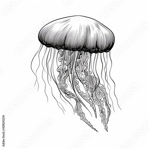 Hand Drawn Jellyfish, Sketched Animal Sea, Jelly Fish Ink Drawing, Ocean Medusa Engraving