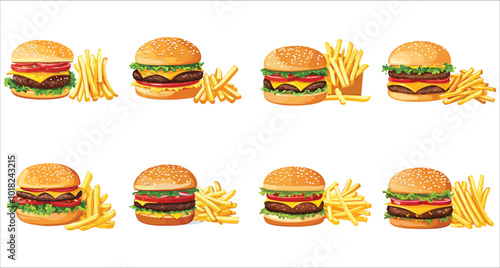 Burger and French fries fast food vector illustration, Fresh crispy fried chicken burger, Fast food hamburger with French fries, Tasty burger and French fries fast food vector