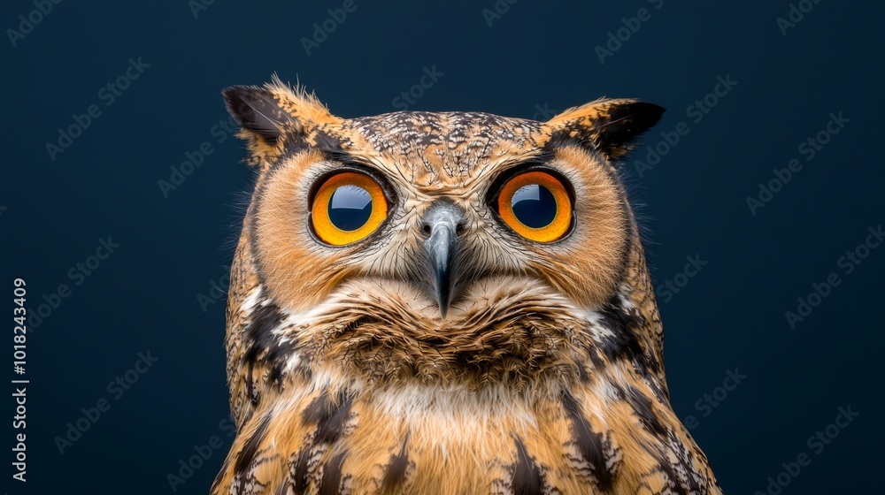 Close-up of a Eurasian Eagle Owl with Intense Orange Eyes, Detailed Feather Texture, Dark Blue Background Close-up of a Eurasian Eagle Owl with Intense Orange Eyes, Detailed Feather Texture, Dark Blue Background