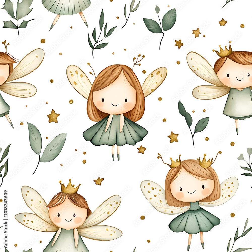 Watercolor Fairy Pattern Cute Green Fairies with Gold Wings Stars and Leaves Watercolor Fairy Pattern Cute Green Fairies with Gold Wings Stars and Leaves