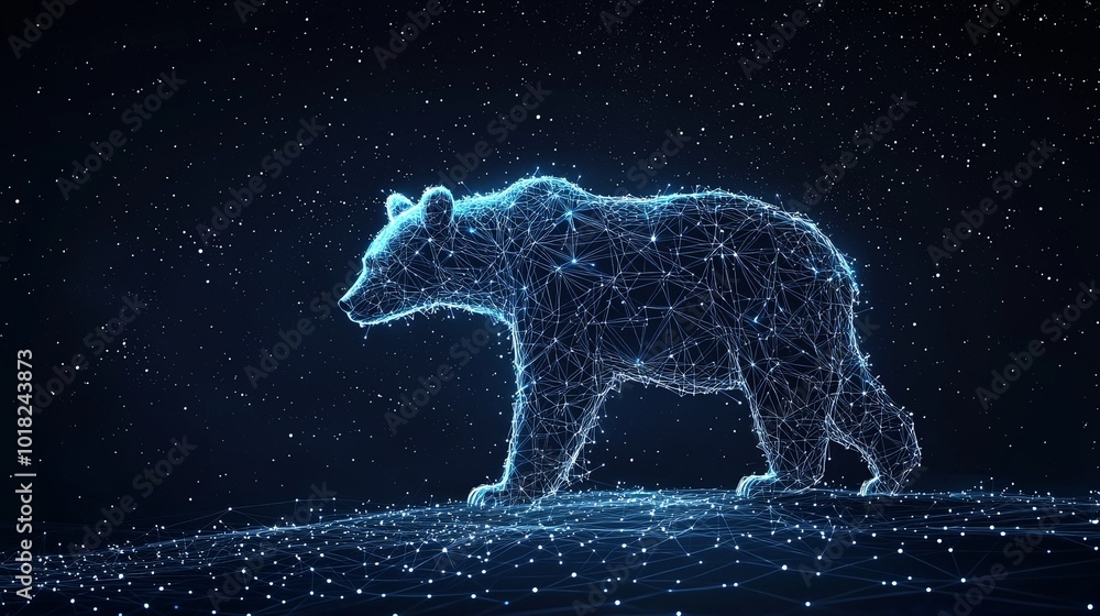 This artwork features a silhouette of a bear made from glowing blue nodes, set against a starry background, symbolizing connectivity and digital world integration. This artwork features a silhouette of a bear made from glowing blue nodes, set against a starry background, symbolizing connectivity and digital world integration.