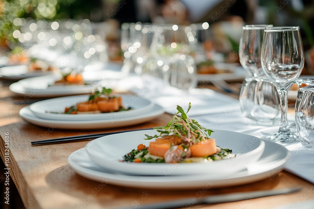 A beautifully arranged table setting featuring elegant plates of gourmet cuisine, accompanied by fine glassware in a lush dining environment. A beautifully arranged table setting featuring elegant plates of gourmet cuisine, accompanied by fine glassware in a lush dining environment.