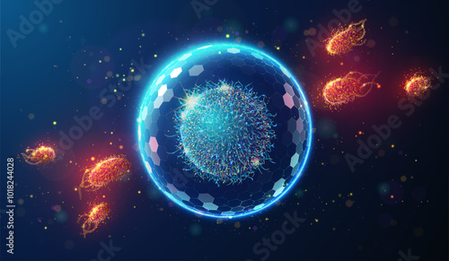 Abstract illustration of cell protected by shield barrier made of glowing neon particles. Blue geometric background depicting healthcare and disease treatment medical concept