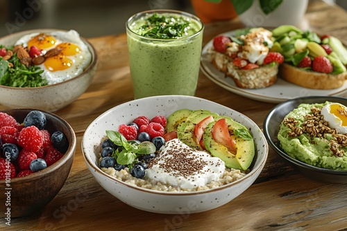 A vibrant spread of healthy breakfast dishes featuring fruits, smoothies, and avocado toast, all arranged beautifully on a wooden table.