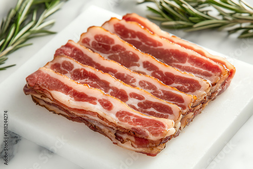 Freshly sliced bacon on a white plate, garnished with rosemary, perfect for culinary presentations or food-related projects.