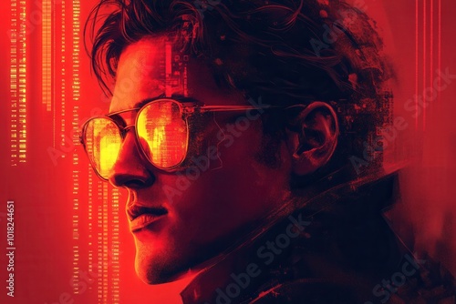 A silhouetted figure wears reflective, glowing sunglasses against a vivid red digital backdrop, evoking cyber thrill and intensity in an electrifying artistic composition.