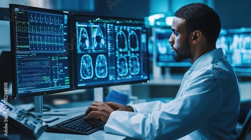 A researcher analyzes data on multiple screens in a modern lab during the evening hours, focusing on medical imaging and diagnostics