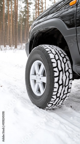 A car equipped with winter tires drives along a snow-covered road in a forest, heading toward a ski resort on a chilly winter day