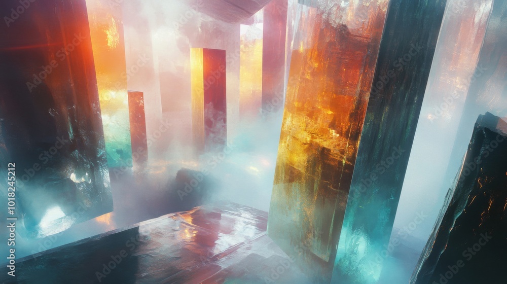 Fototapeta premium Abstract Cityscape with Colorful Glass Pillars and Smoke