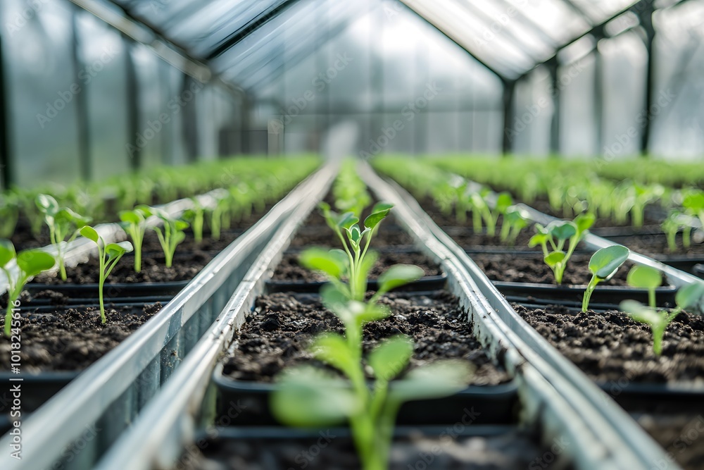 A green house interior with rows of young seedlings growing in trays, showcasing a vibrant, healthy environment for plant cultivation. A green house interior with rows of young seedlings growing in trays, showcasing a vibrant, healthy environment for plant cultivation.