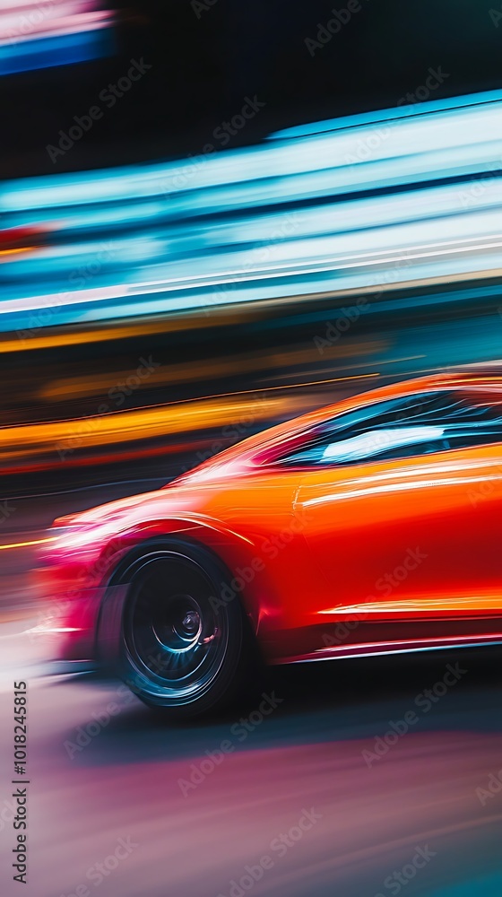 Red Sports Car in Motion with Blurred Lights Red Sports Car in Motion with Blurred Lights