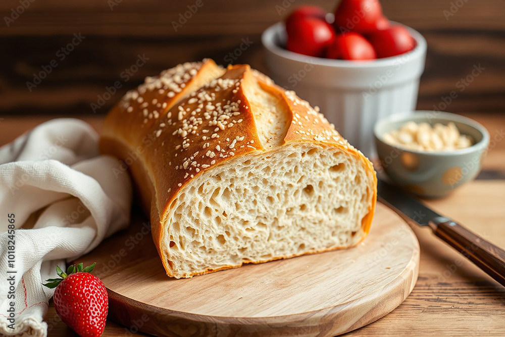 Freshly baked whole and sliced bread, linen gray napkin with a scattering of grain Freshly baked whole and sliced bread, linen gray napkin with a scattering of grain