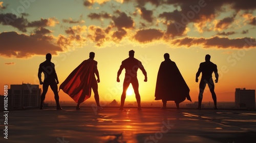 Superhero silhouettes posed on a rooftop, representing power and bravery.  photo