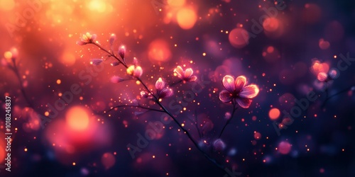 Soft pink flowers bloom on slender branches, gently glowing under warm, ambient light. The enchanting atmosphere is enriched by a bokeh effect, creating a magical experience reminiscent of a serene, n