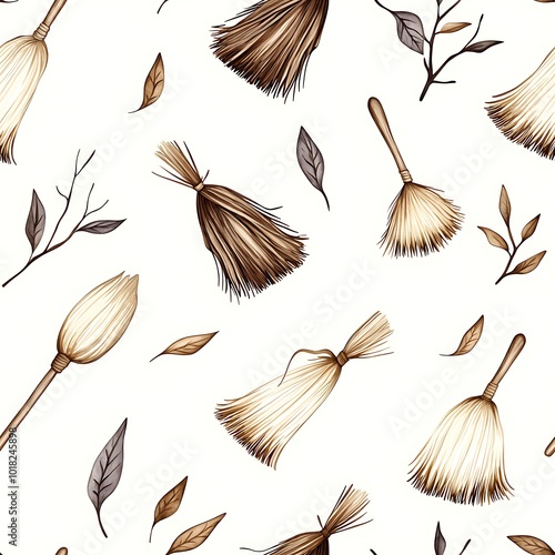 Watercolor Broom and Leaves Seamless Pattern Autumnal Rustic Design photo