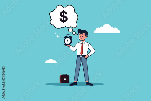 time is money business concept, a young businessman stands holding an alarm clock and imagines money