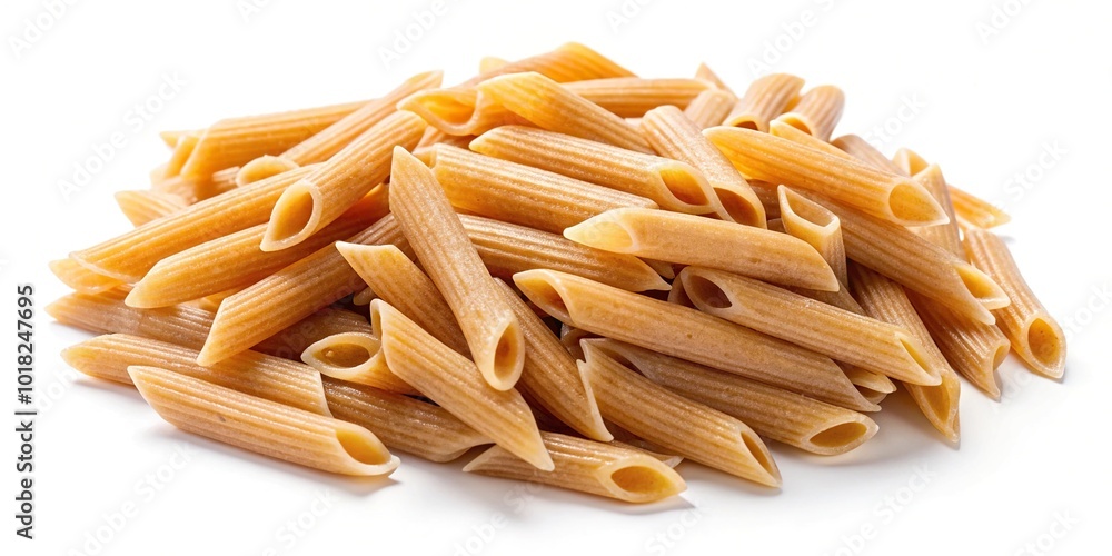 Minimalist whole wheat penne pasta isolated on white background Minimalist whole wheat penne pasta isolated on white background