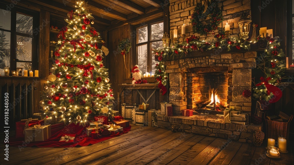 Cozy Christmas living room with fireplace and tree. Cozy Christmas living room with fireplace and tree.