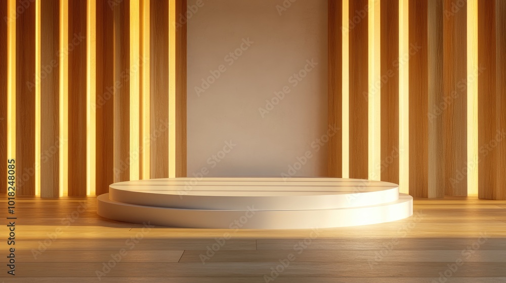 White Circular Platform on Wooden Floor with Backlit Vertical Panels White Circular Platform on Wooden Floor with Backlit Vertical Panels